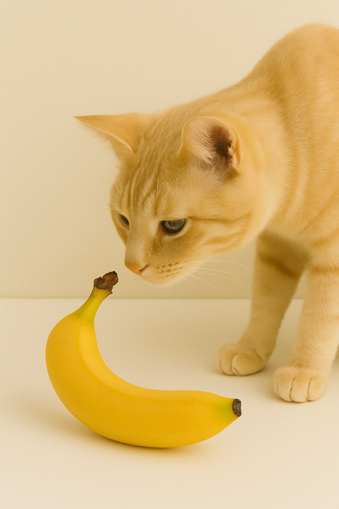 Kan katter spise bananer? Et bilde av en katt som snuser på en banan