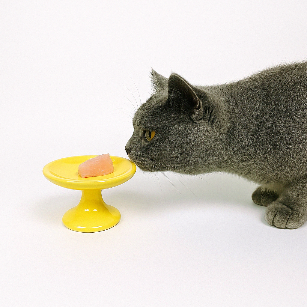 Kan katter spise rå kylling? Et bilde av en katt som lukter rå kylling